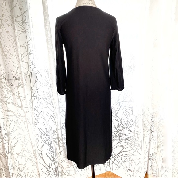 Eileen fisher black low v-neck long sleeve stretchy relaxed fit midi dress - Picture 5 of 8